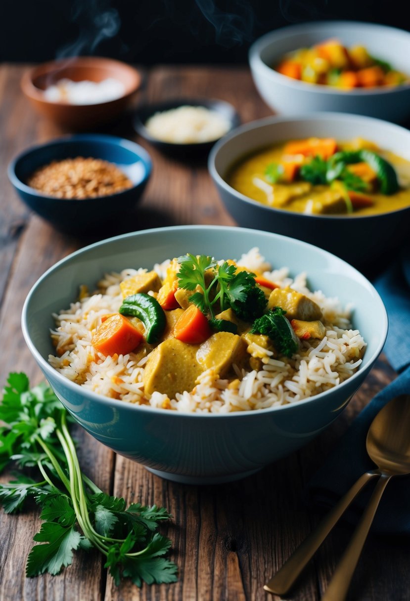 A steaming bowl of coconut curry brown rice with colorful vegetables and herbs