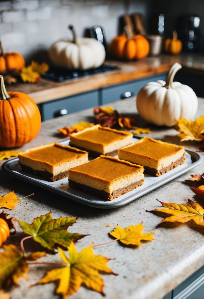 A rustic kitchen counter with a tray of pumpkin cheesecake bars surrounded by autumn leaves and a pumpkin