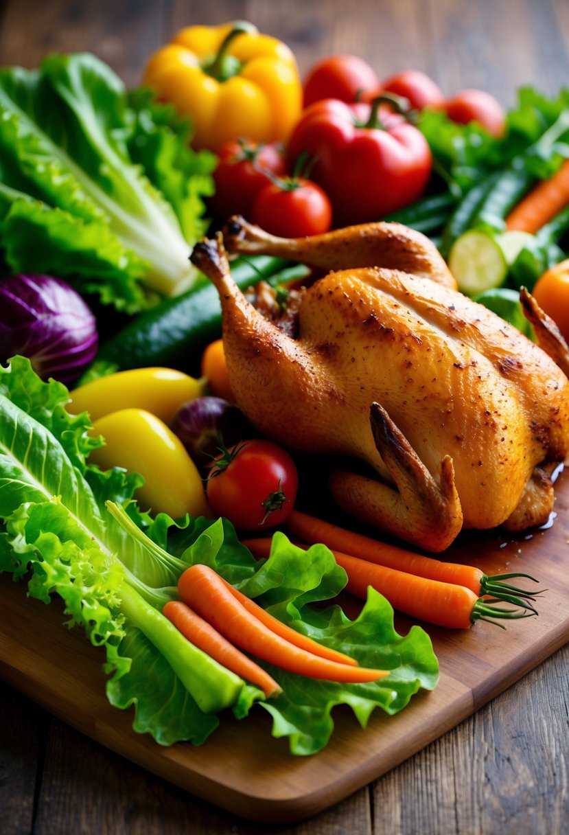 A colorful array of fresh lettuce leaves, vibrant vegetables, and succulent rotisserie chicken arranged on a wooden cutting board