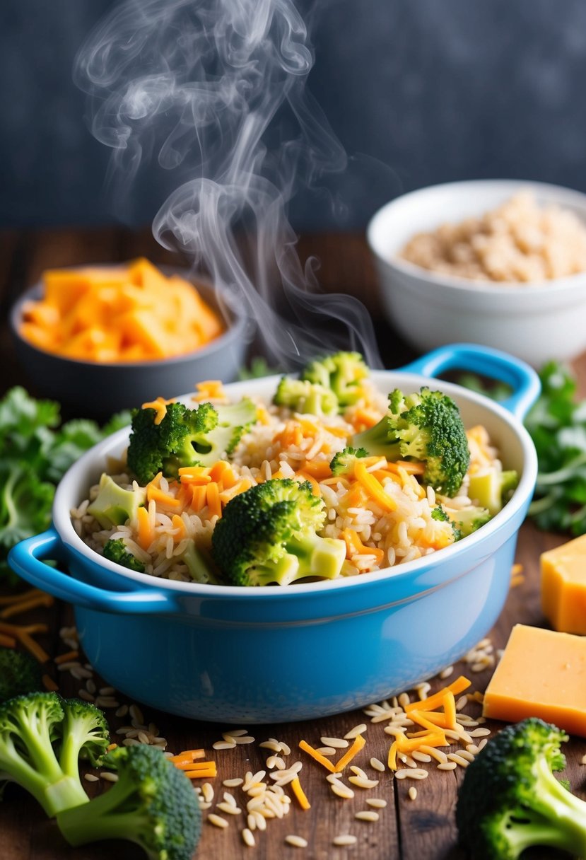 A steaming casserole dish filled with broccoli and cheddar brown rice, surrounded by fresh ingredients like broccoli florets, cheddar cheese, and brown rice