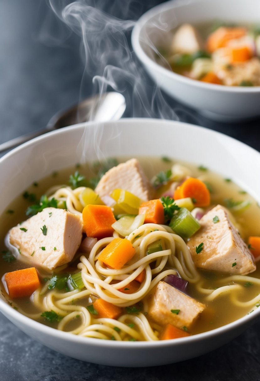 A steaming bowl of chicken noodle soup with chunks of rotisserie chicken, colorful vegetables, and swirling noodles in a clear broth