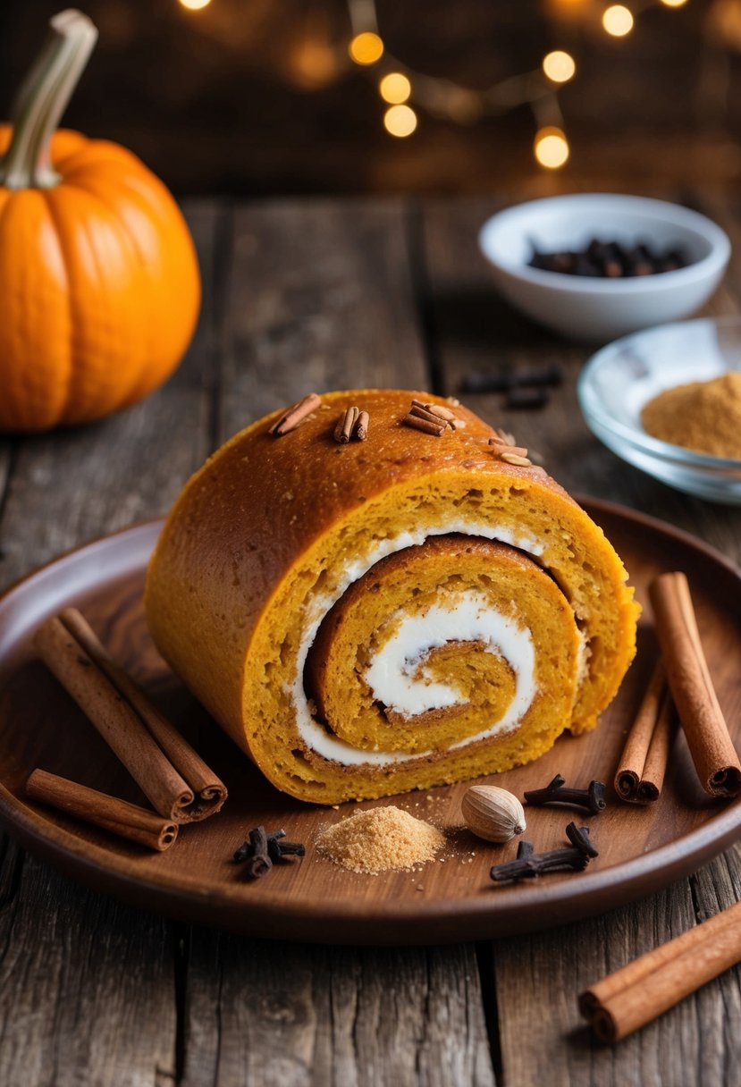 A pumpkin roll surrounded by cinnamon sticks, cloves, and nutmeg on a rustic wooden table