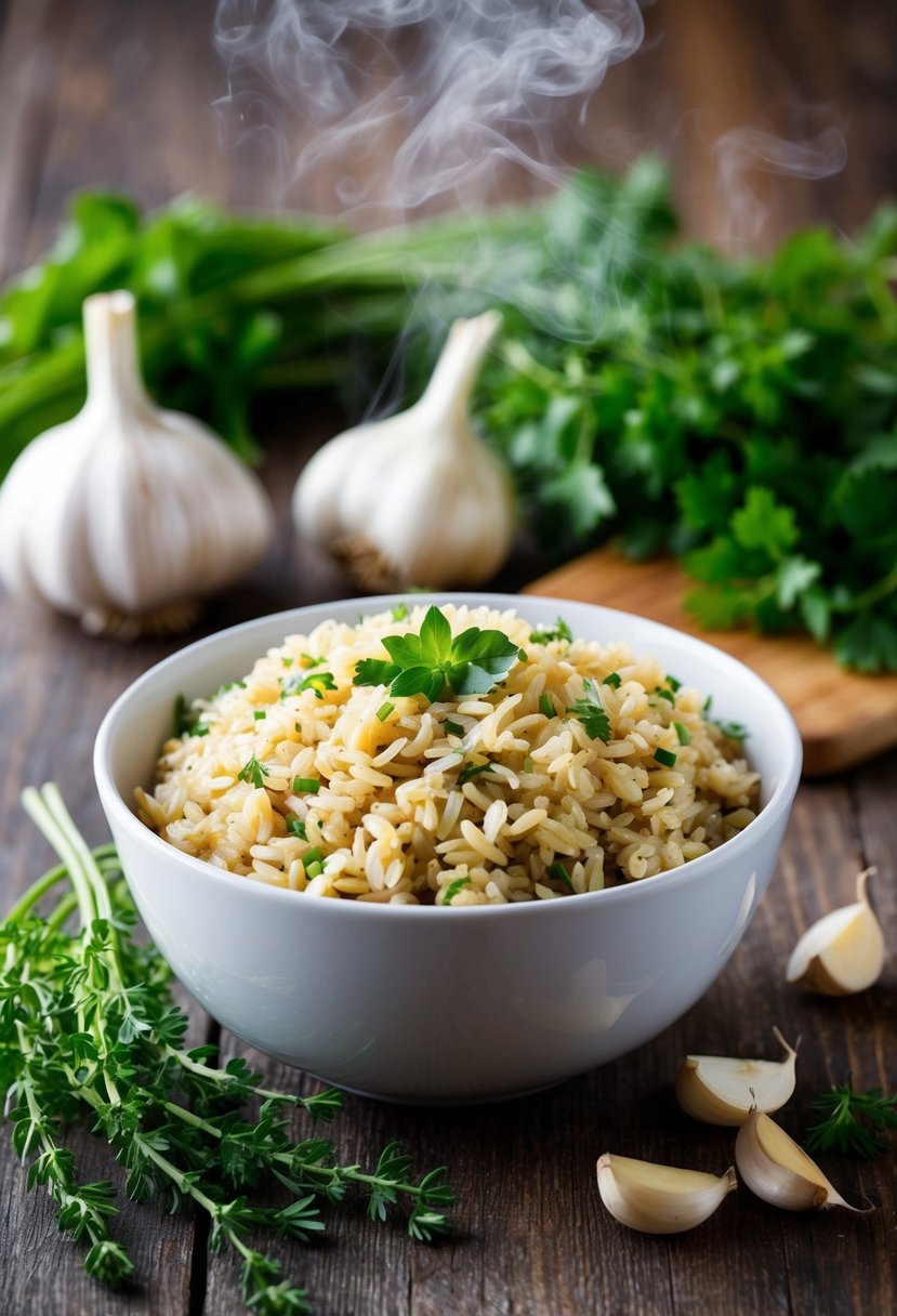 A steaming bowl of garlic herb brown rice surrounded by fresh herbs and garlic cloves