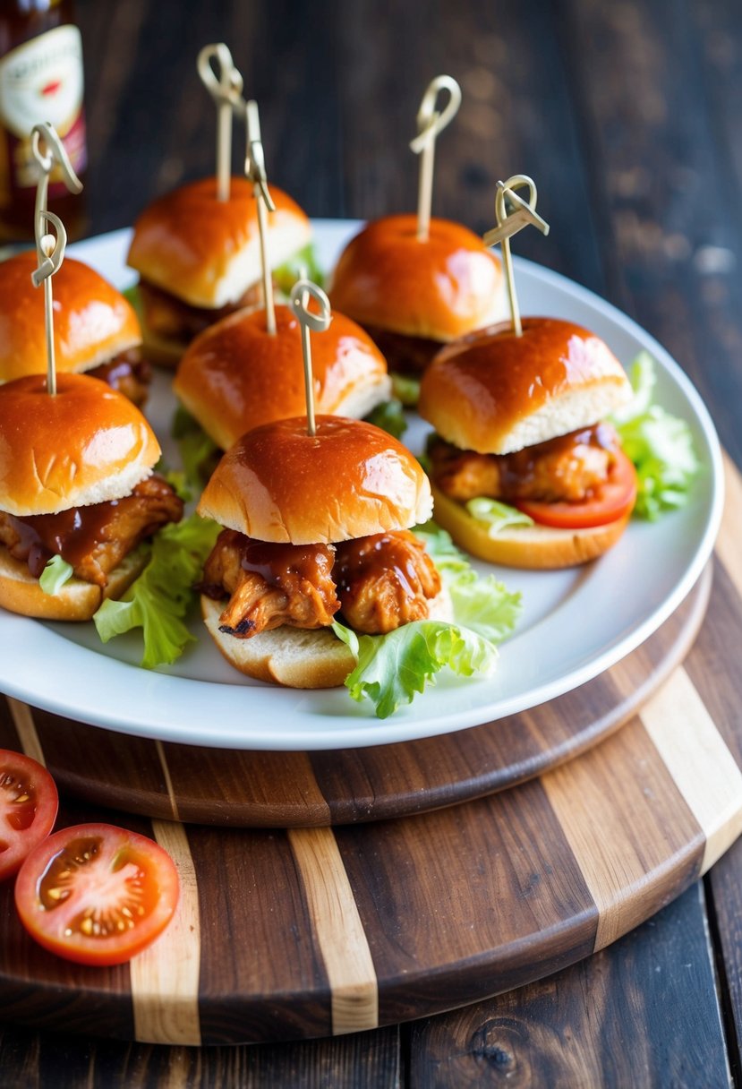 A platter of barbecue rotisserie chicken sliders with fresh lettuce and tomato slices on a wooden serving board