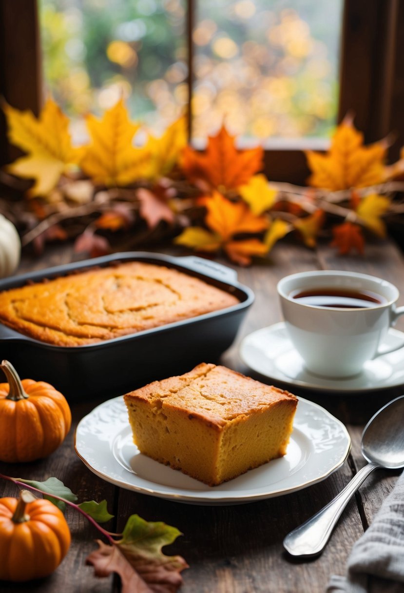 A rustic kitchen table with a freshly baked pumpkin bread pudding surrounded by autumn foliage and a warm cup of tea