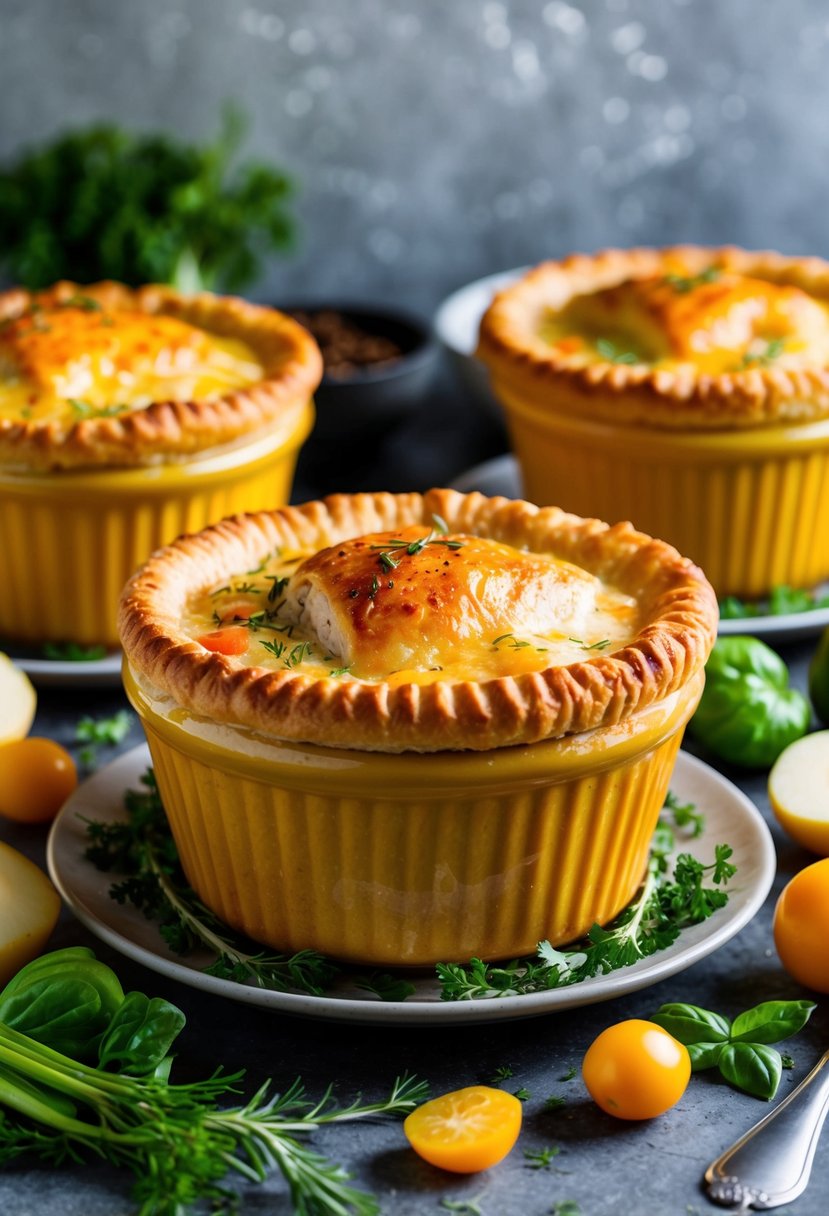 A golden-brown rotisserie chicken pot pie surrounded by fresh vegetables and herbs, with a flaky crust on top