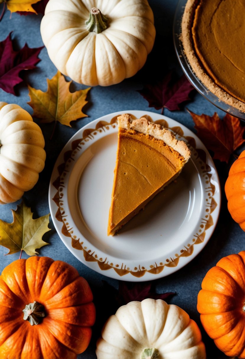 A slice of pumpkin cream pie surrounded by whole pumpkins and fall leaves