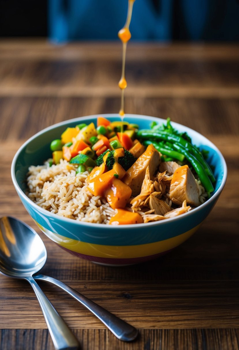 A colorful bowl filled with fluffy brown rice, seasoned turkey, vibrant vegetables, and a drizzle of sauce, sitting on a wooden table