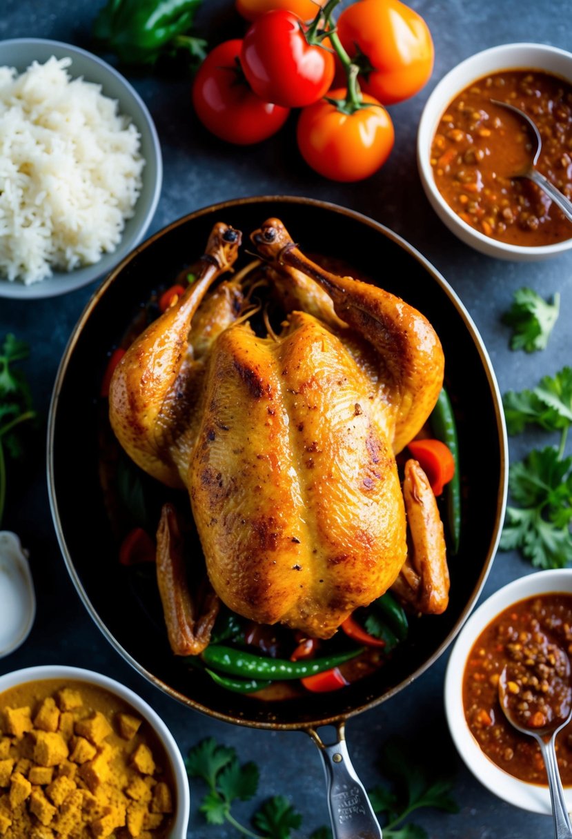 A golden rotisserie chicken surrounded by aromatic curry spices and vibrant vegetables