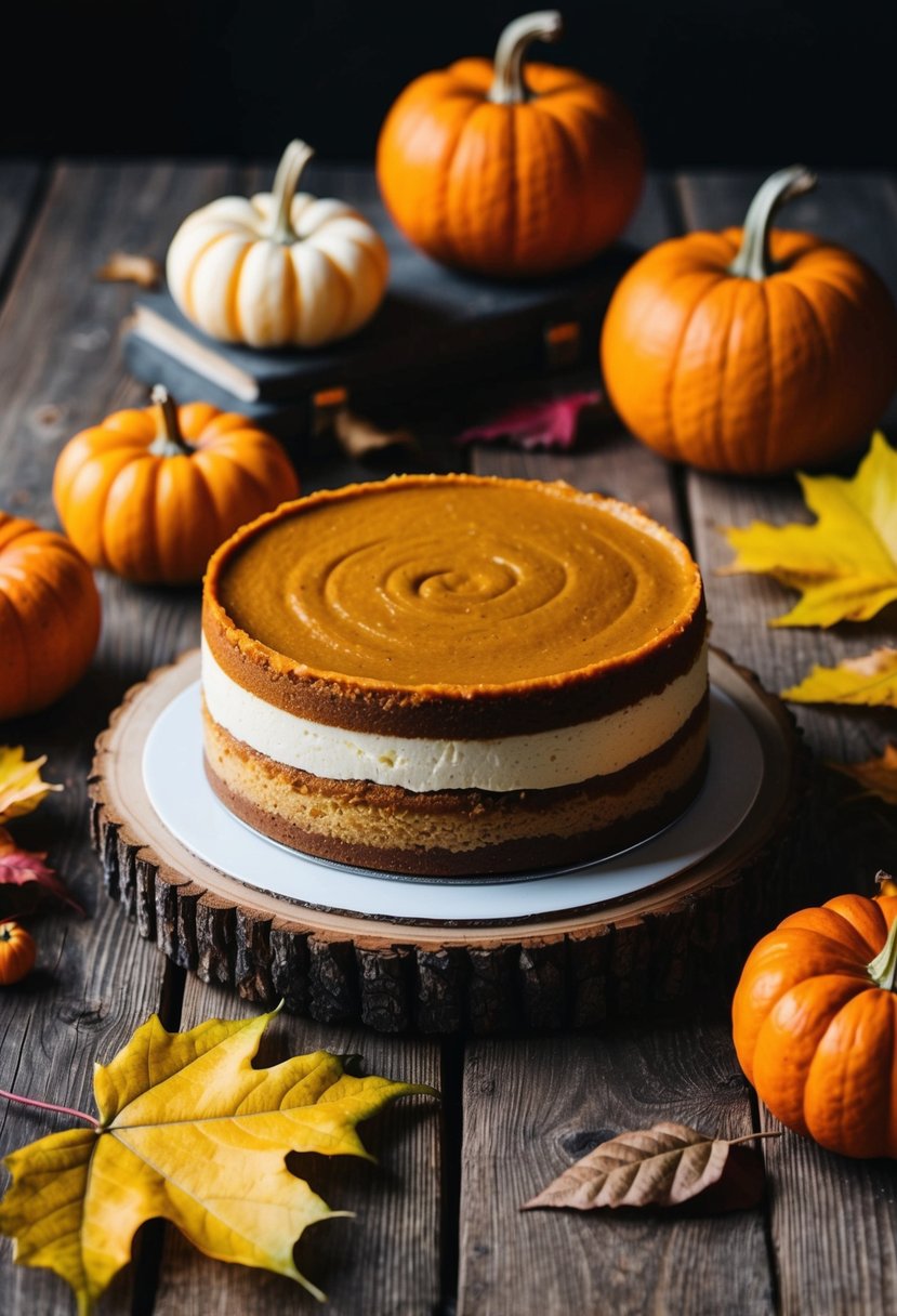 A rustic wooden table with a double-layer pumpkin cheesecake surrounded by autumn leaves and pumpkins