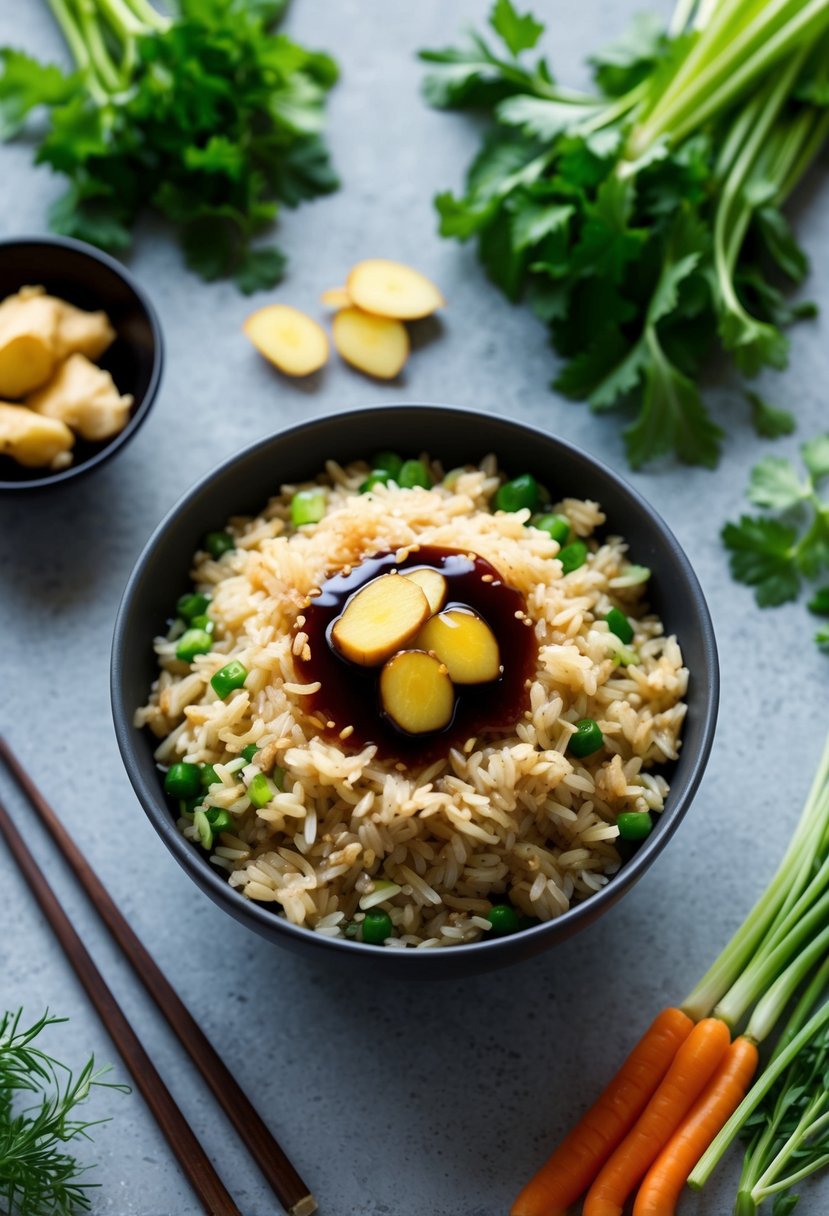 A bowl of brown rice topped with ginger and soy sauce, surrounded by fresh vegetables and herbs