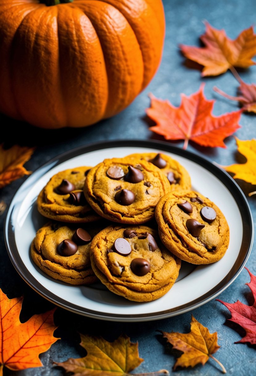 A plate of pumpkin chocolate chip cookies surrounded by fall leaves and a pumpkin