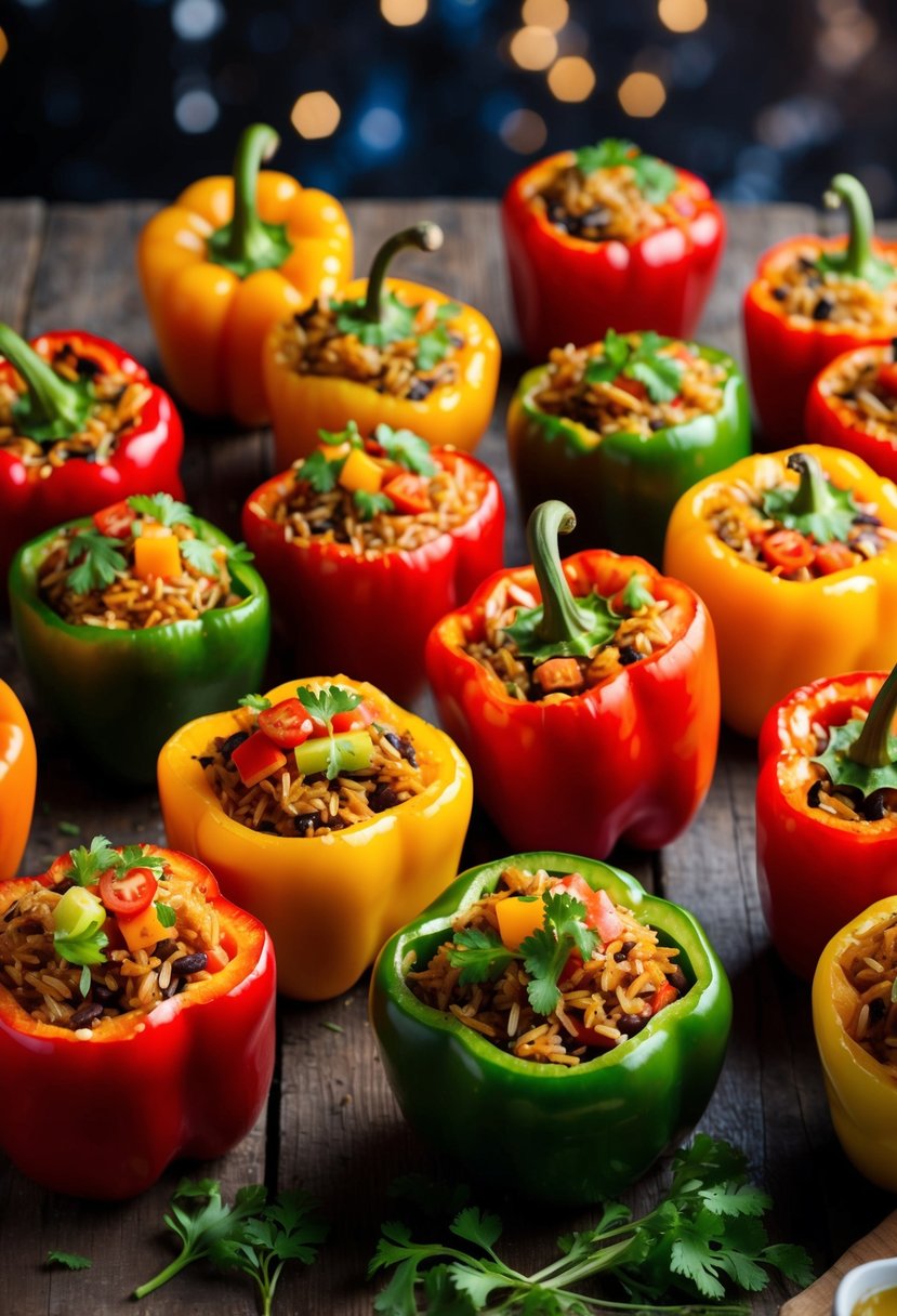 A colorful array of stuffed bell peppers filled with flavorful brown rice and fresh ingredients, arranged on a rustic wooden table