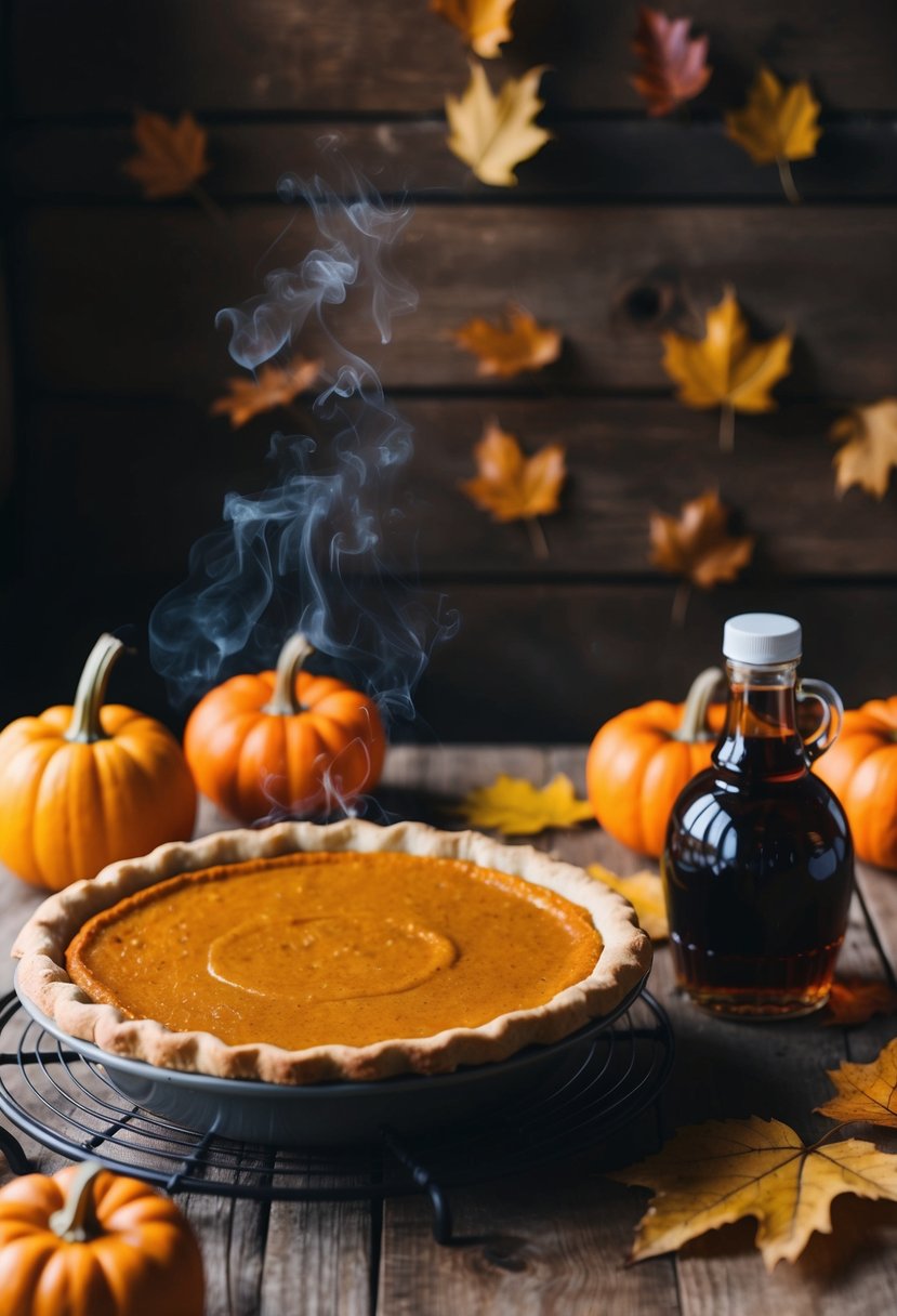 A rustic kitchen table with a steaming pumpkin pie surrounded by fall leaves and a jar of maple syrup