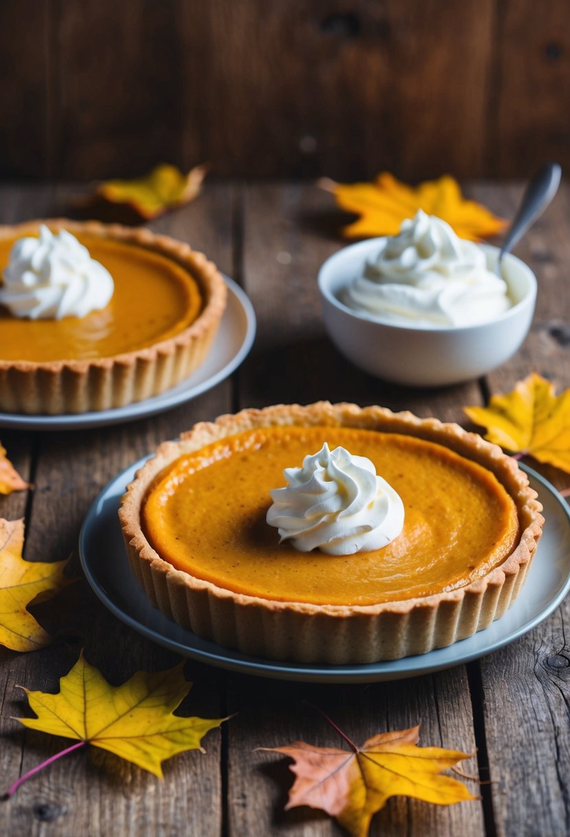 A rustic wooden table with a freshly baked pumpkin custard tart surrounded by autumn leaves and a dollop of whipped cream