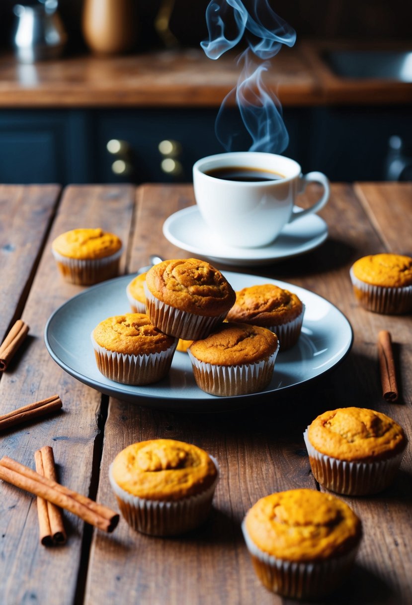 A rustic kitchen table with a plate of pumpkin spiced muffins, a scattering of cinnamon sticks, and a steaming cup of coffee