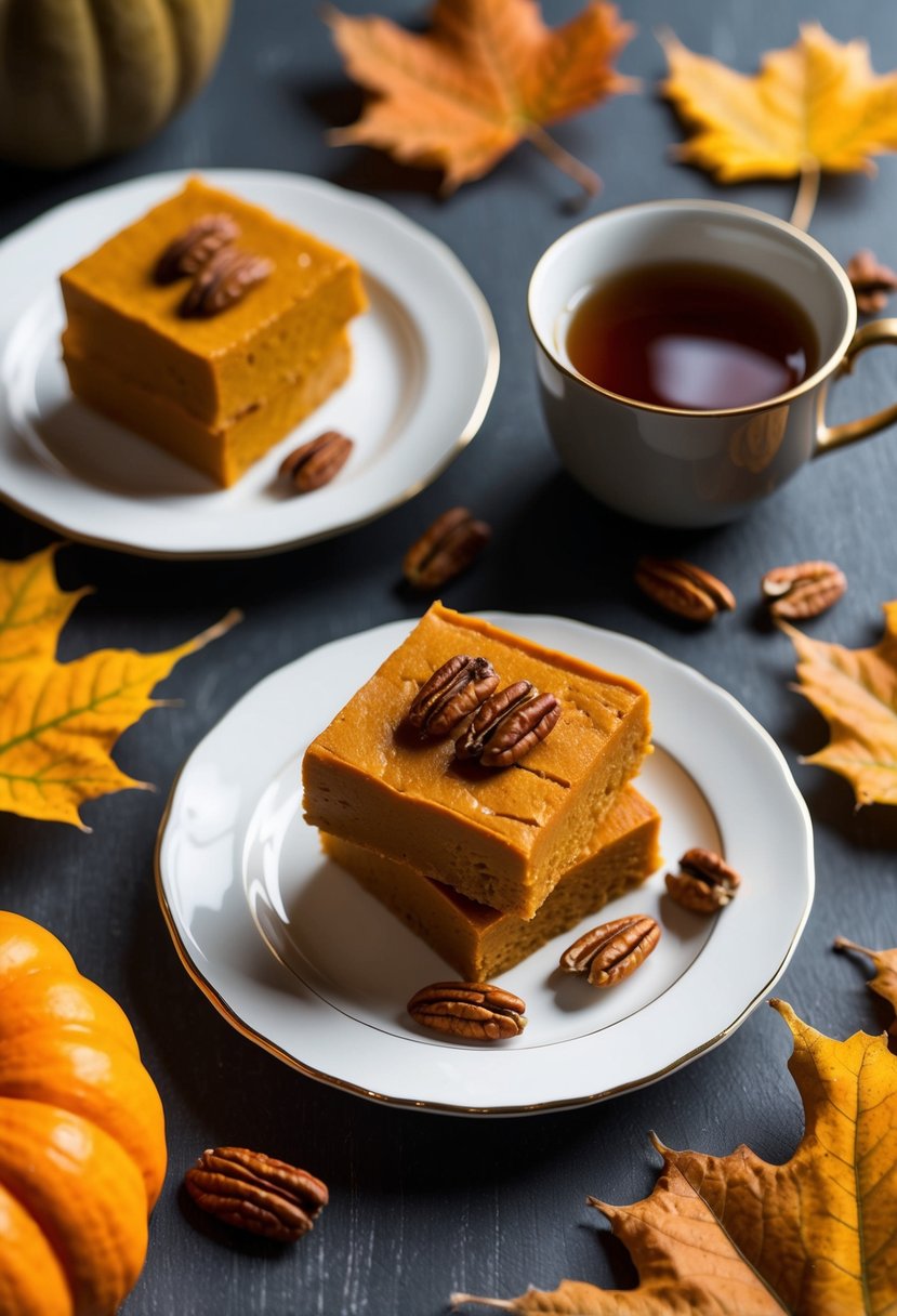 A table set with a plate of pumpkin fudge topped with pecans, surrounded by autumn leaves and a warm cup of tea