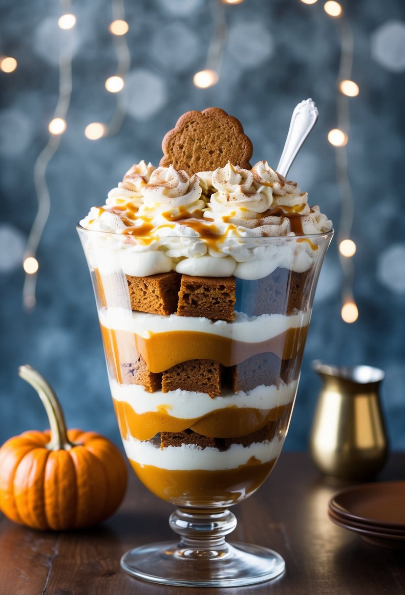 A tall glass trifle dish filled with layers of pumpkin gingerbread, whipped cream, and caramel sauce, topped with a sprinkle of cinnamon and a gingerbread cookie