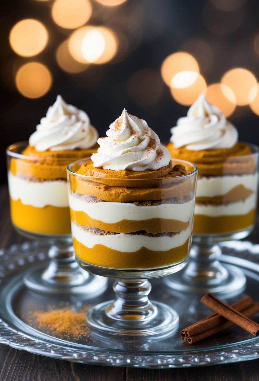 A glass parfait dish filled with layers of creamy pumpkin mousse, topped with a dollop of whipped cream and a sprinkle of cinnamon