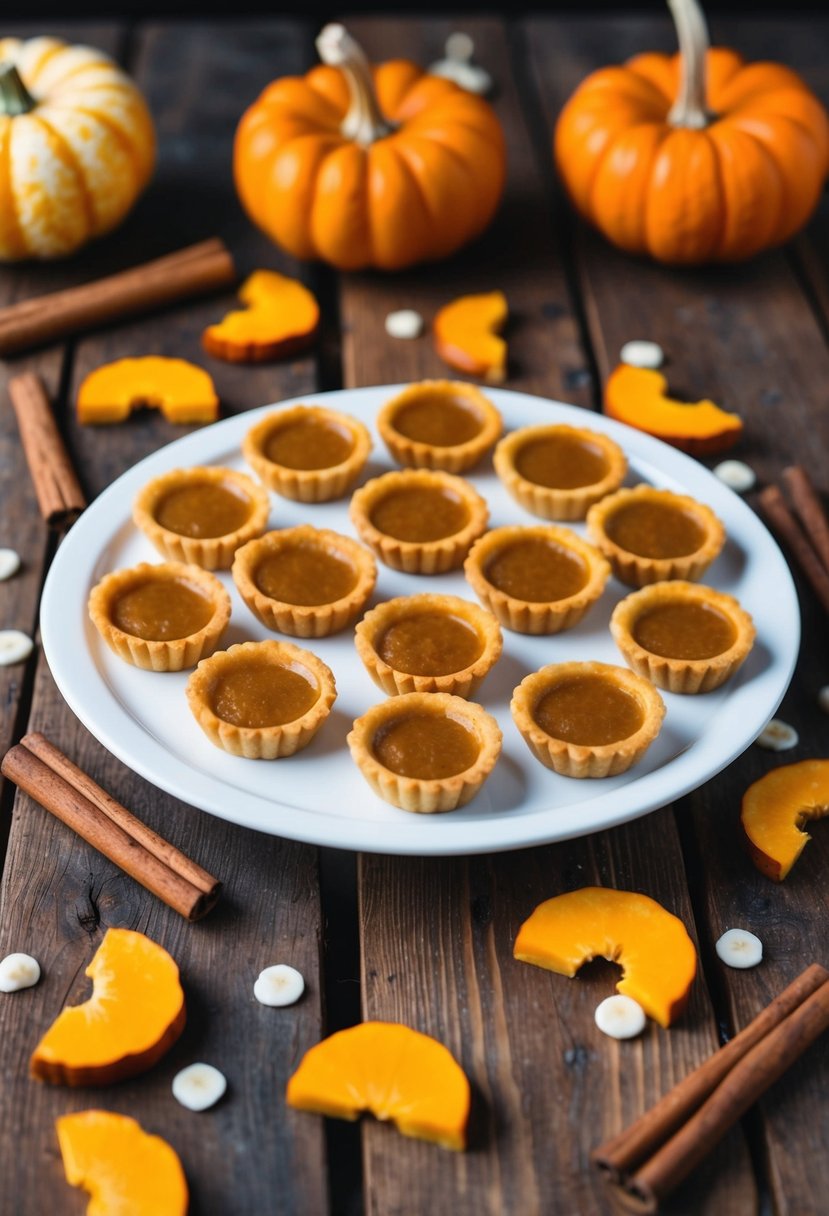 A rustic wooden table with mini pumpkin tarts arranged on a white platter, surrounded by scattered cinnamon sticks and fresh pumpkin slices