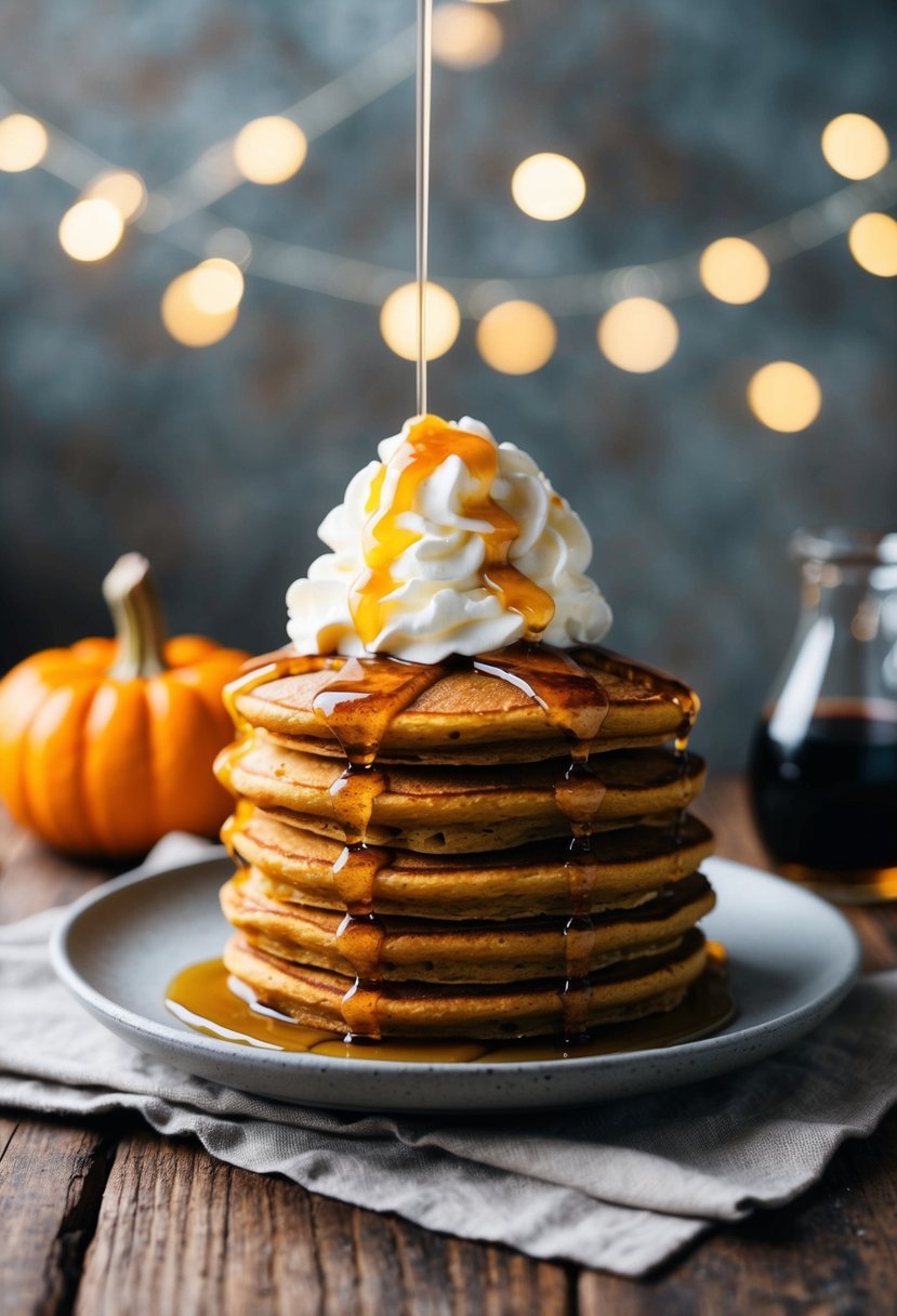 A stack of nutty pumpkin pancakes topped with whipped cream and drizzled with syrup on a rustic wooden table