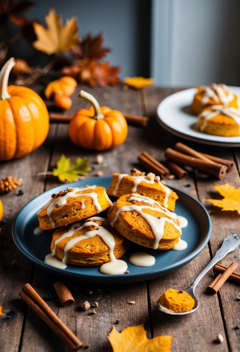 A rustic kitchen table with freshly baked pumpkin scones drizzled with glaze, surrounded by scattered cinnamon sticks and autumn leaves