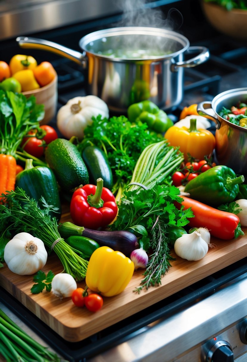 A colorful array of fresh vegetables and herbs arranged on a wooden cutting board, surrounded by various cooking utensils and a steaming pot on a stove