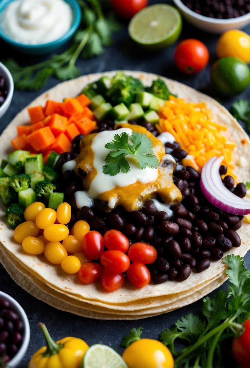 A colorful array of fresh vegetables and black beans, surrounded by tortillas and topped with melted cheese