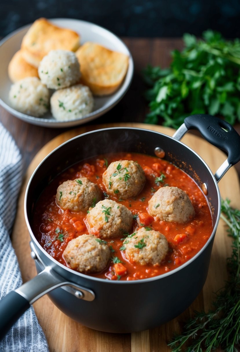 A pot of simmering tomato sauce with frozen meatballs and herbs