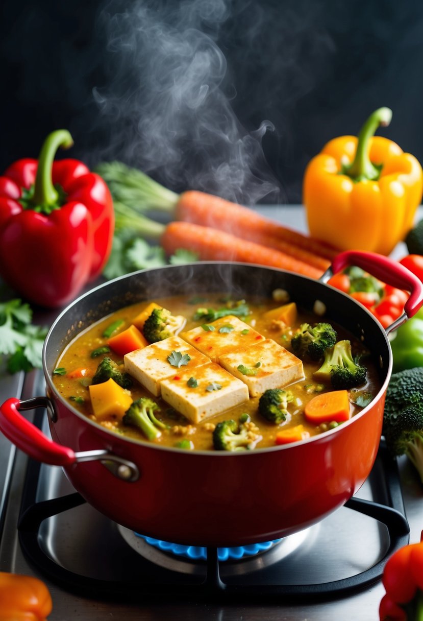 A steaming pot of tofu and vegetable curry simmering on a stovetop, surrounded by colorful ingredients like bell peppers, broccoli, and carrots