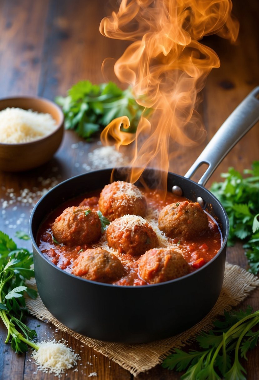 A steaming pot of marinara sauce with sizzling meatballs, surrounded by fresh herbs and grated parmesan cheese