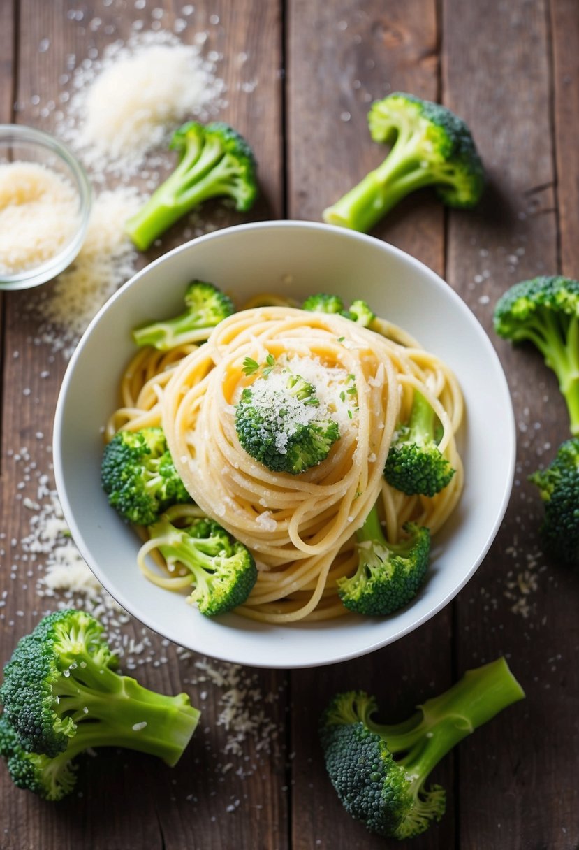 A steaming bowl of creamy broccoli pasta sits on a rustic wooden table, surrounded by fresh broccoli florets and a sprinkling of grated parmesan cheese