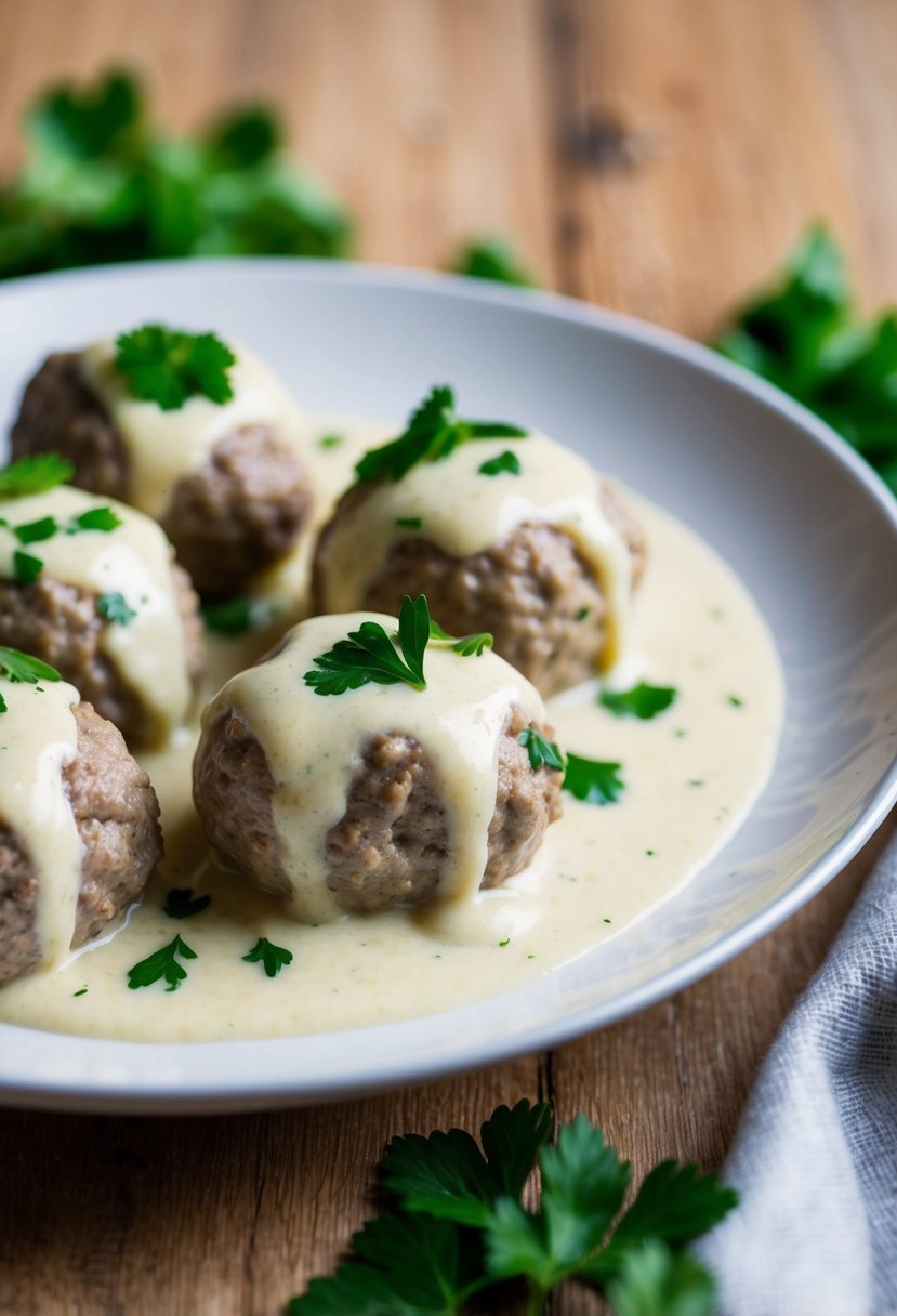 A plate of Swedish meatballs with a creamy sauce, garnished with parsley, served on a white ceramic dish