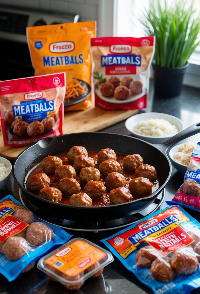 A sizzling skillet of BBQ meatballs, surrounded by a variety of frozen meatball packages and ingredients on a kitchen counter