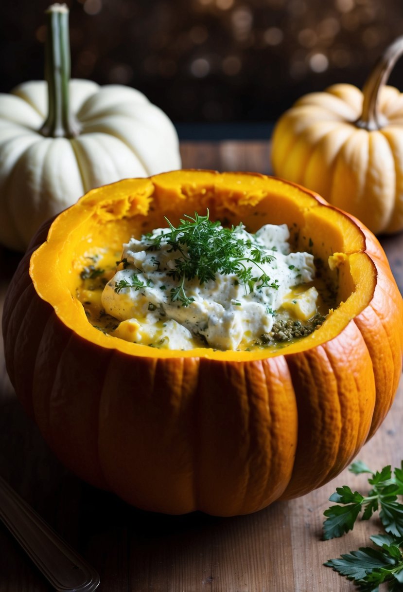 A whole pumpkin hollowed out and filled with ricotta cheese and herbs, ready to be baked