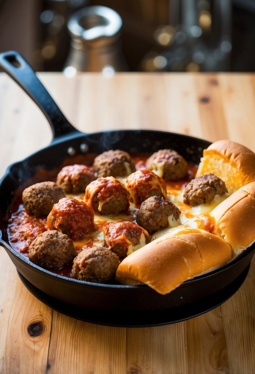 A sizzling skillet of meatballs, bubbling marinara sauce, and melted cheese, nestled inside a golden-brown sub roll