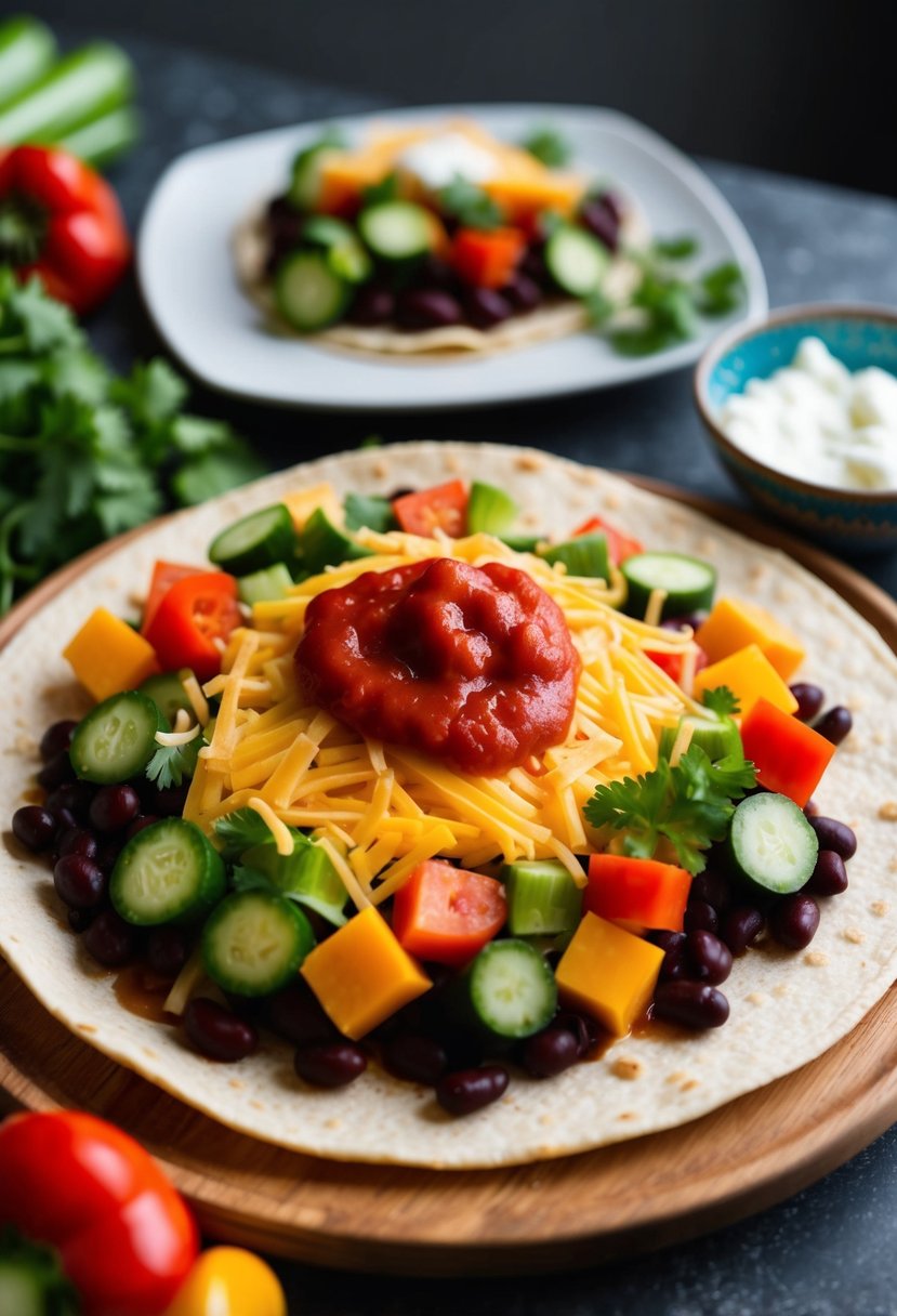 A colorful array of fresh vegetables, beans, and cheese arranged on a tortilla, topped with zesty red enchilada sauce