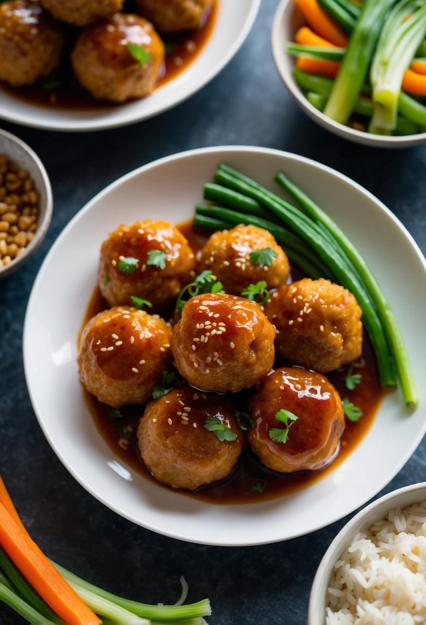 A plate of sweet and sour meatballs with a tangy glaze, surrounded by colorful vegetables and steamed rice