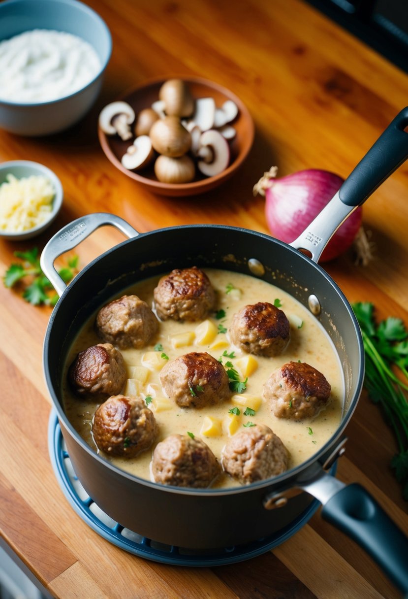 A pot of simmering meatballs in a creamy sauce, surrounded by ingredients like mushrooms, onions, and sour cream on a kitchen counter