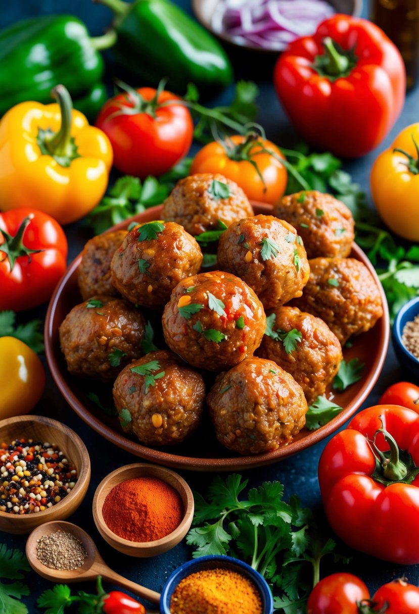 A colorful array of Mexican meatballs surrounded by vibrant ingredients like tomatoes, peppers, and spices, ready to be cooked