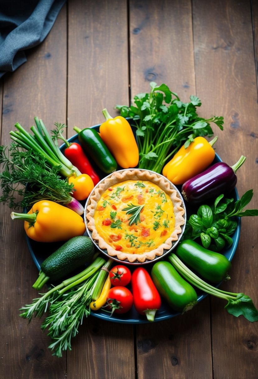 A colorful assortment of fresh vegetables and herbs arranged around a golden, crustless quiche on a rustic wooden table