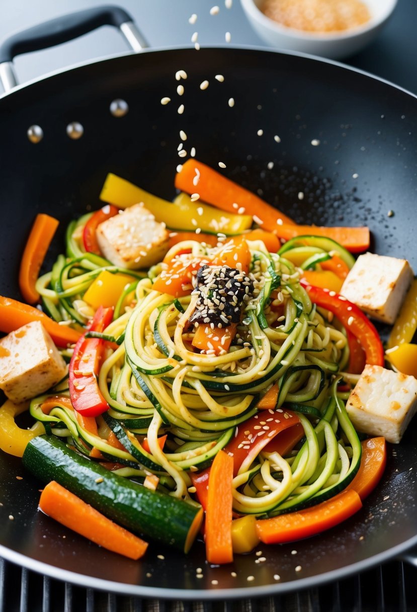 A colorful array of zucchini noodles, bell peppers, carrots, and tofu sizzling in a wok, with a drizzle of sauce and a sprinkle of sesame seeds