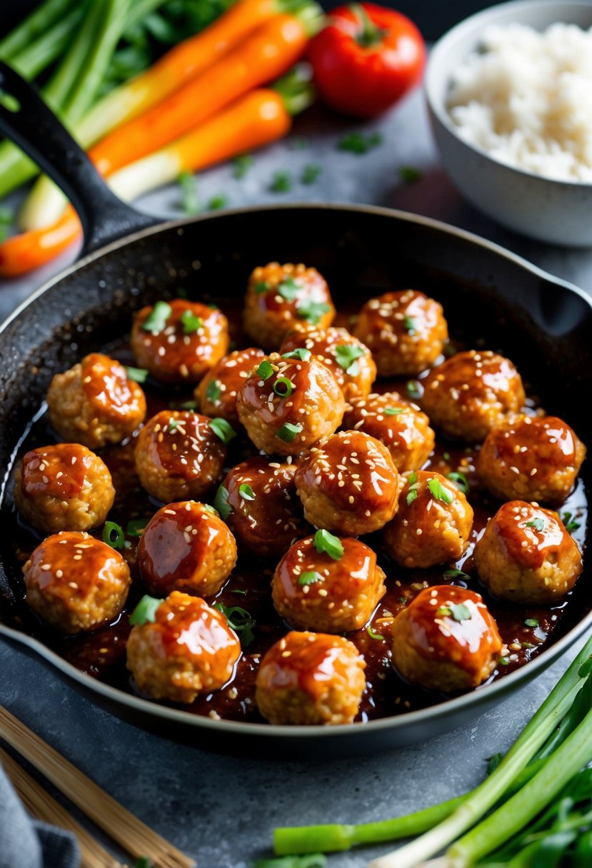 A sizzling skillet of teriyaki meatballs with a glaze of sauce, surrounded by colorful vegetables and a steaming bowl of rice