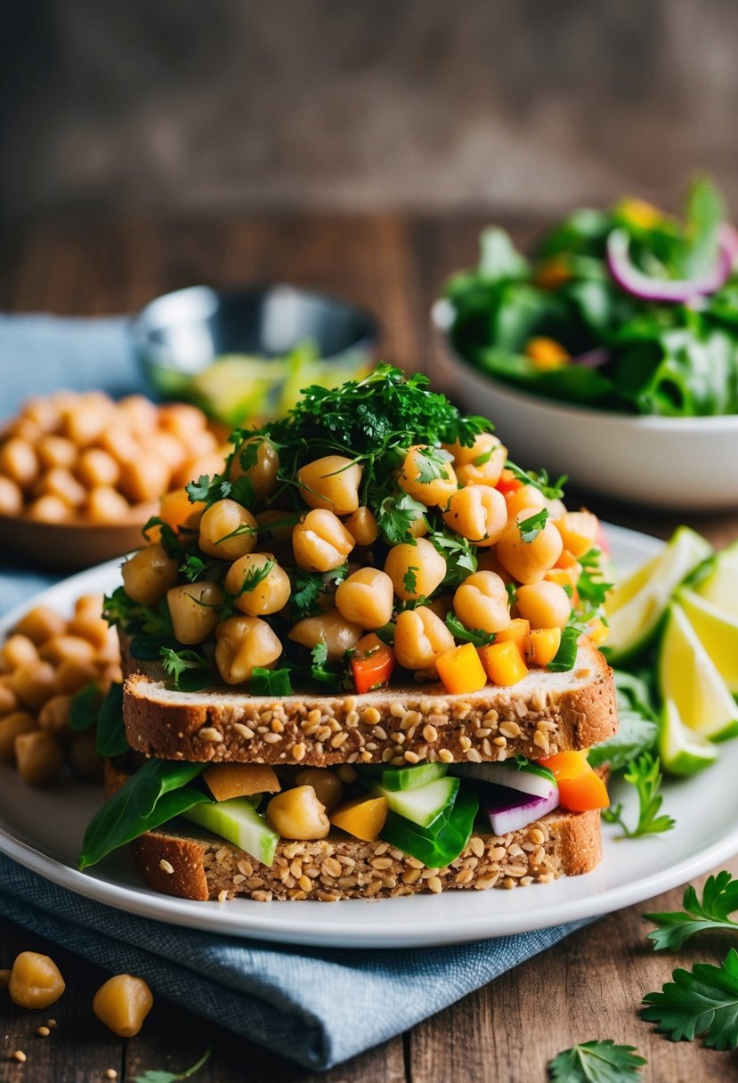 A colorful array of fresh chickpeas, chopped vegetables, and herbs piled high on a whole grain sandwich with a side of vibrant salad