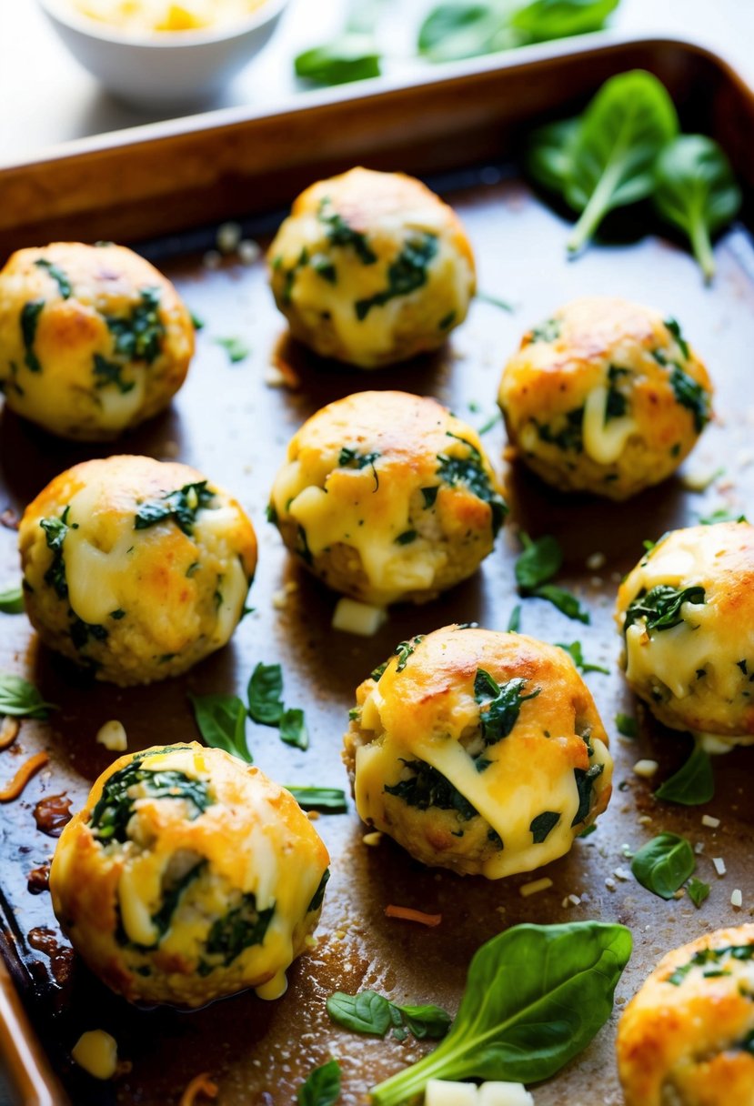 Meatballs stuffed with spinach and cheese on a baking sheet. Ingredients scattered around