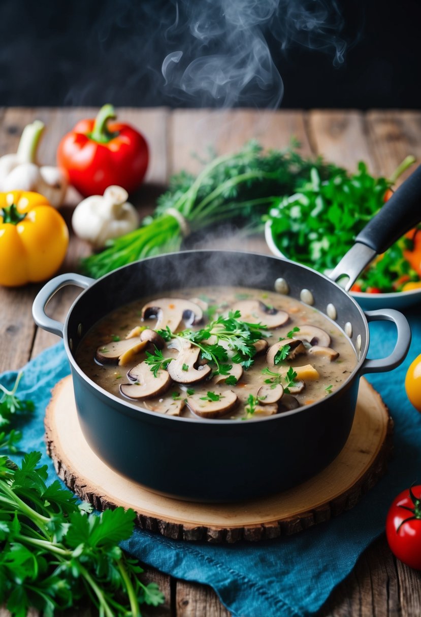 A steaming pot of mushroom stroganoff simmers on a rustic wooden table, surrounded by fresh herbs and colorful vegetables