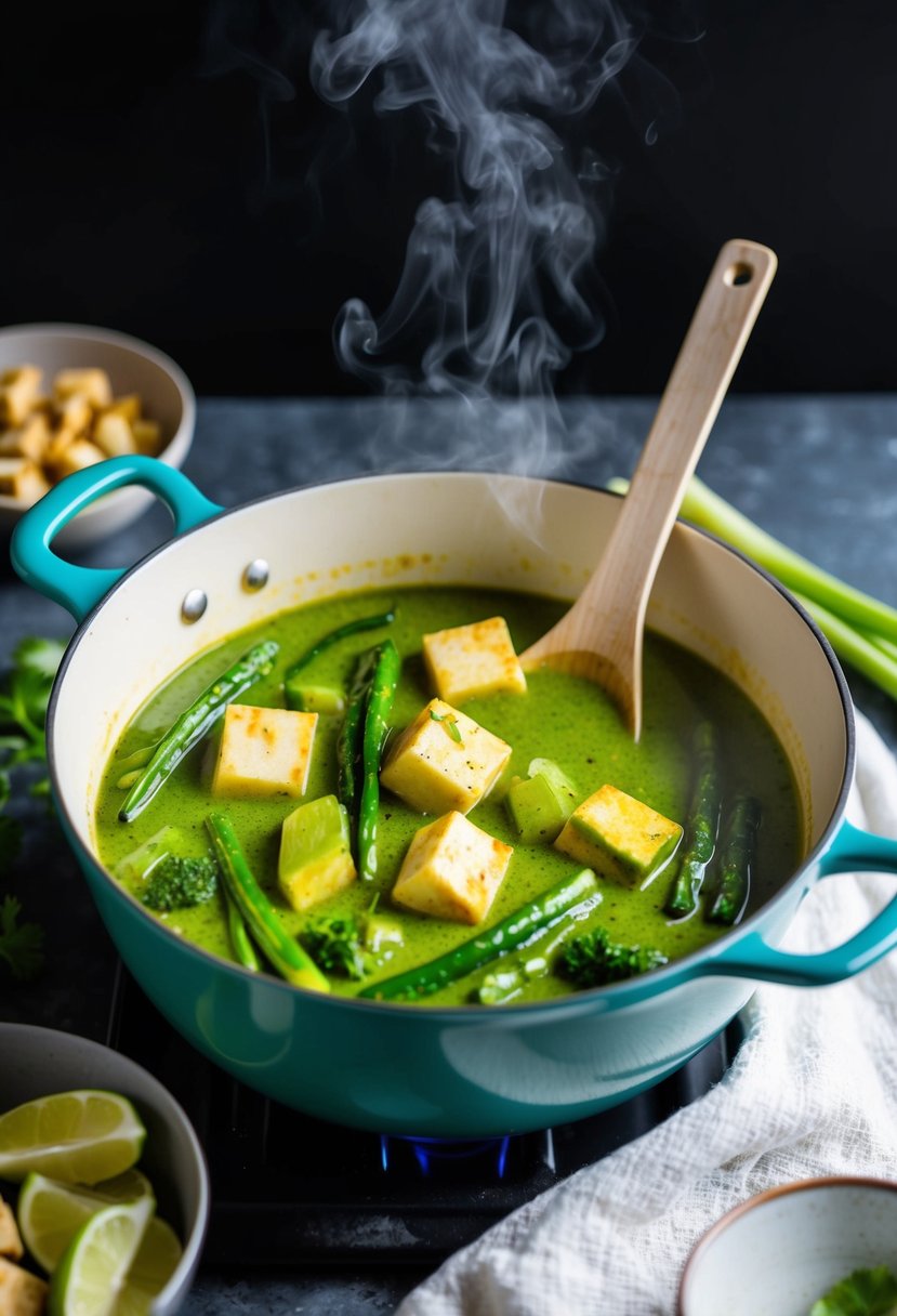 A simmering pot of Thai green curry with chunks of tofu and vibrant green vegetables. Aromatic steam rises from the pot, filling the kitchen with the scent of lemongrass and coconut milk