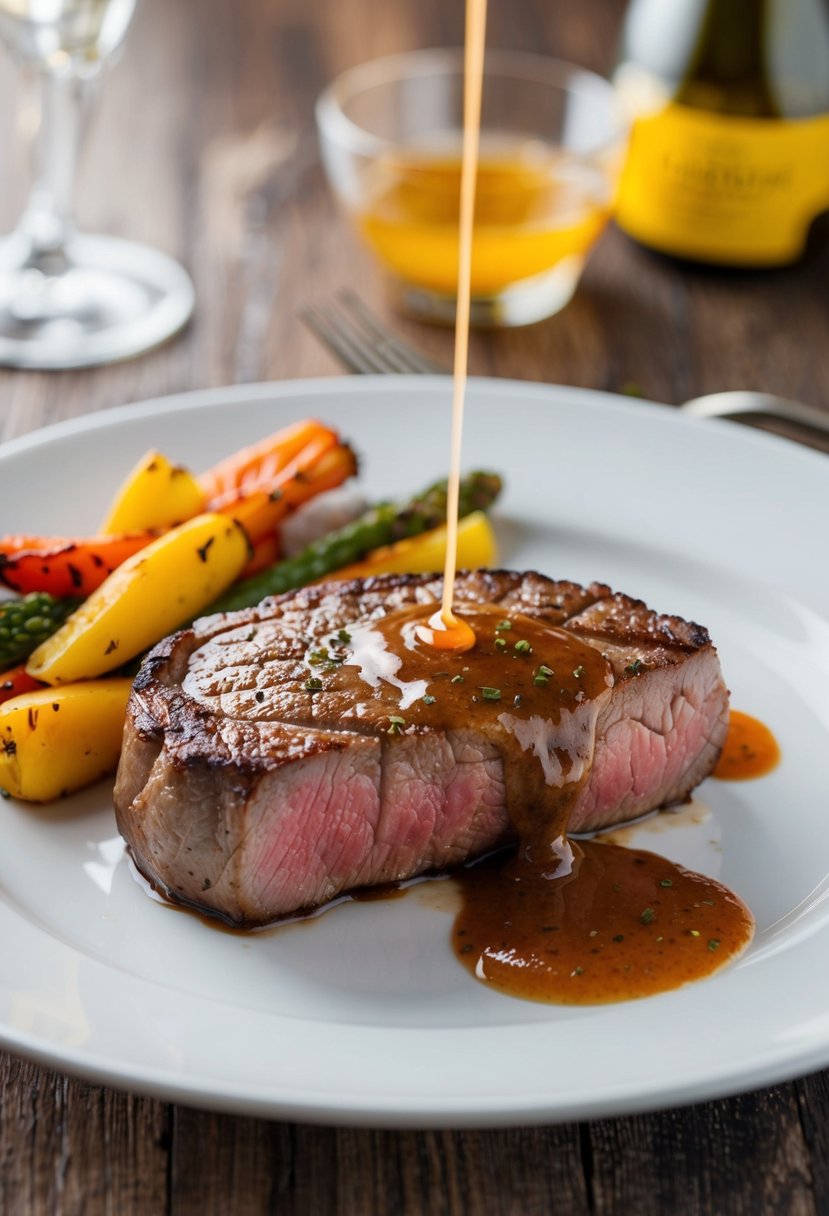 A sizzling filet mignon steak on a white plate, surrounded by colorful roasted vegetables and a drizzle of savory sauce