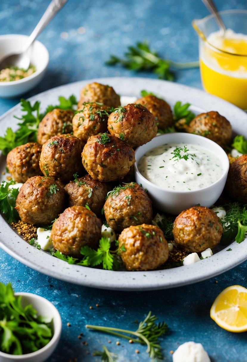 A platter of Greek meatballs surrounded by fresh herbs and spices, with a side of tzatziki sauce for dipping