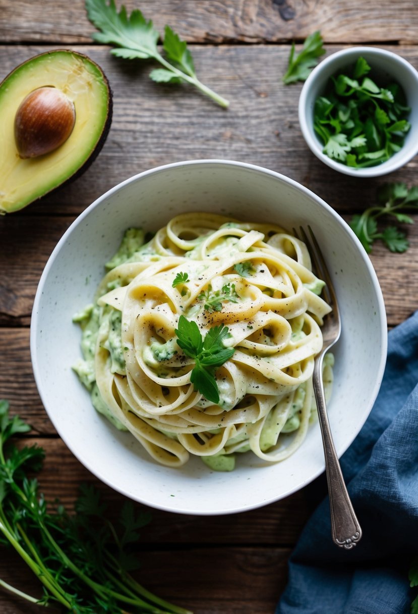 A bowl of creamy avocado alfredo pasta with fresh herbs and a sprinkle of black pepper on a rustic wooden table